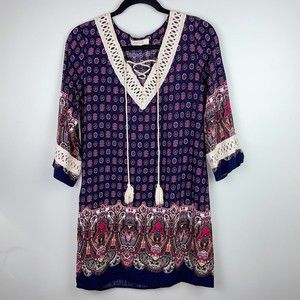 Entro Anthropologie Boho Print Lace Up Tassel Tie Tunic Shift Dress Blue Women S